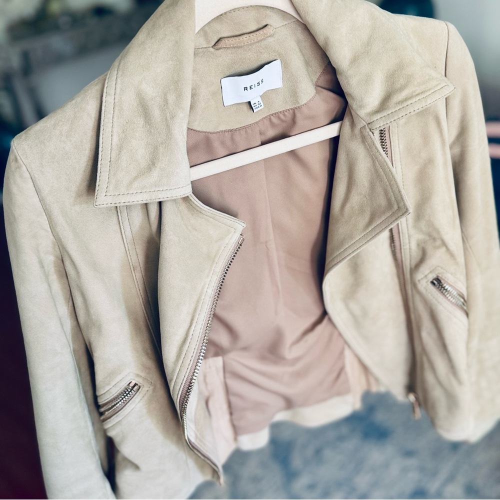 Reiss Light Tan Outerwear 100% goat suede leather jacket